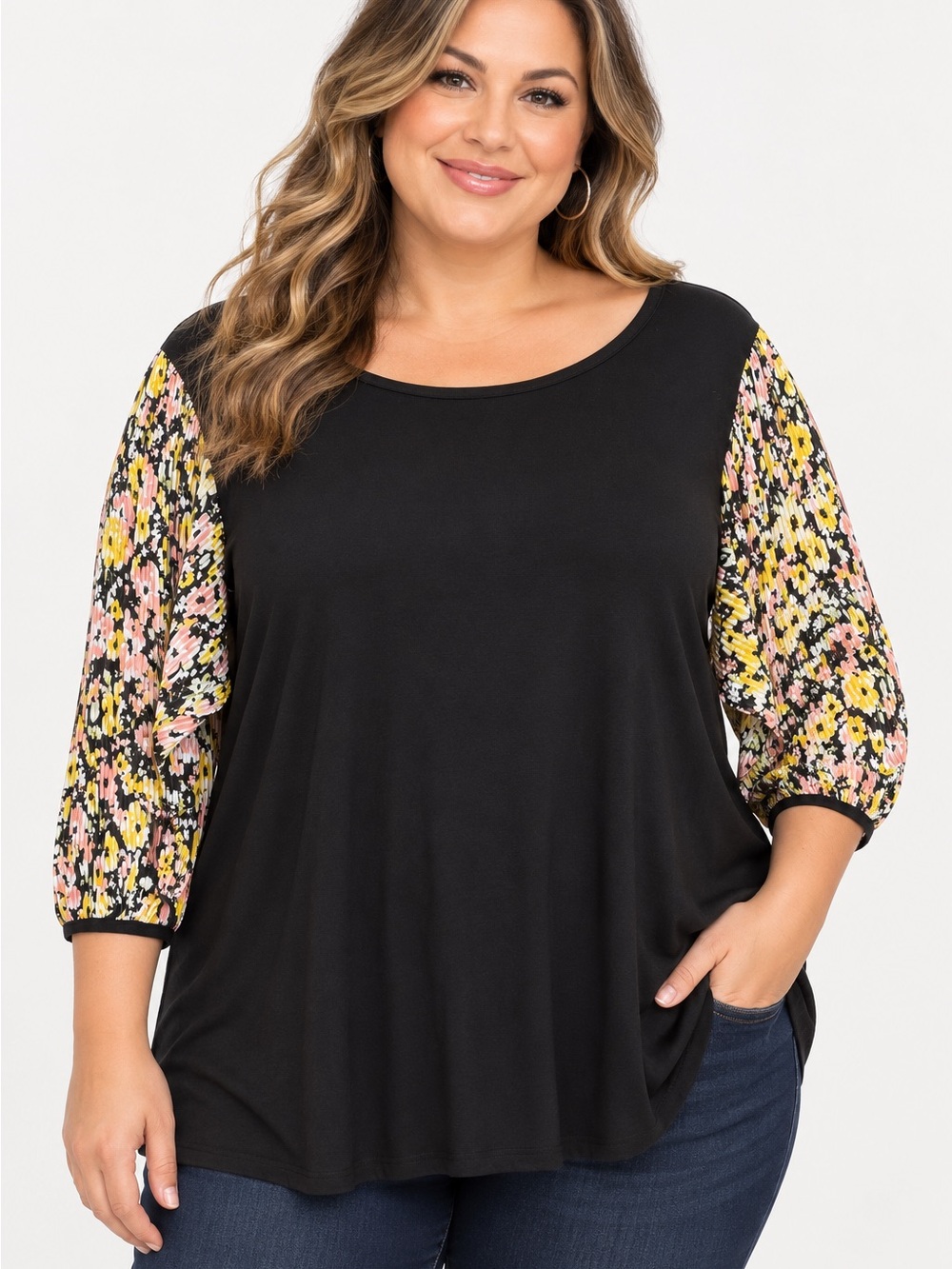 Kim & Cami Black Floral Pleated Sleeve Tunic Top Women’s Large